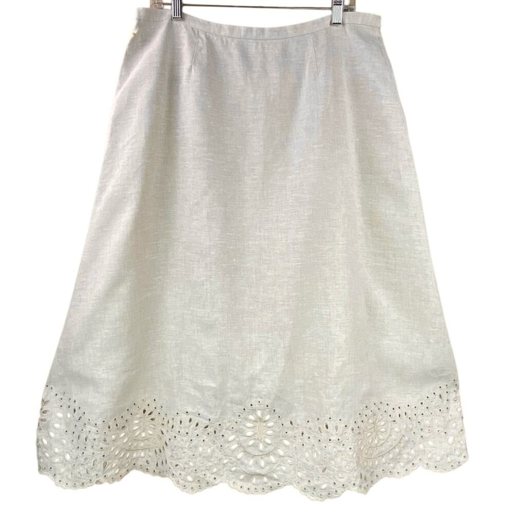 Talbots 100% Linen Eyelet Midi Skirt size 14 Tan